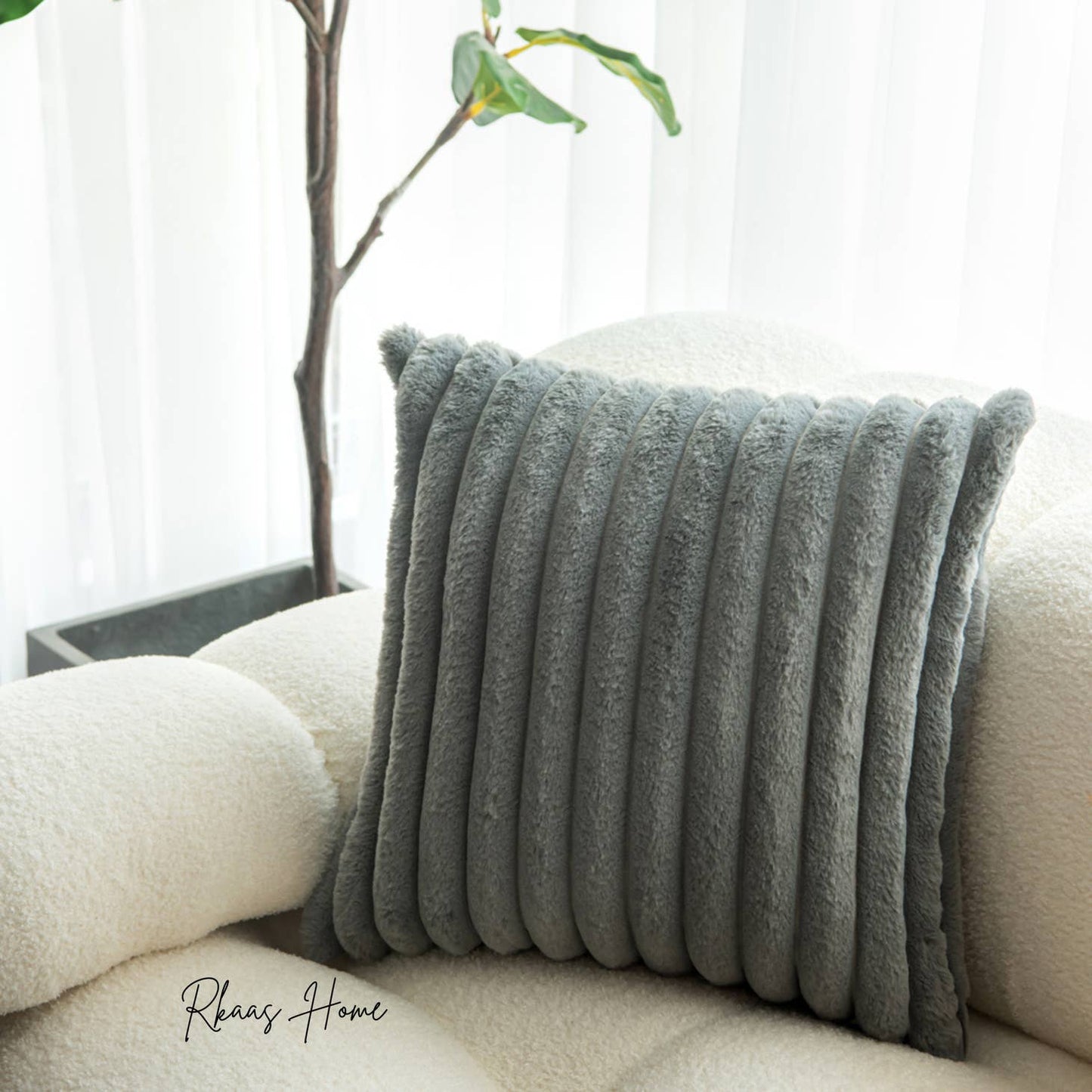 Fluffy Striped Soft Plush Faux Fur Corduroy Style Cushion Covers 45X45 cm GREY