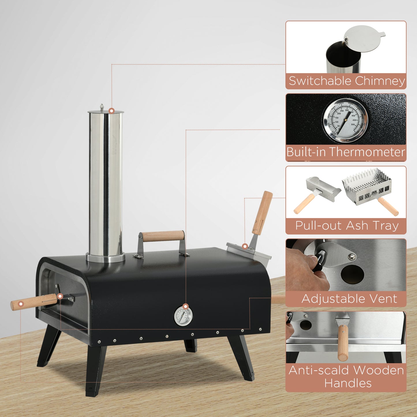 Wood Fired Pizza Oven Stainless Steel Pizza Maker with Foldable Legs and Waterproof Cover, Black