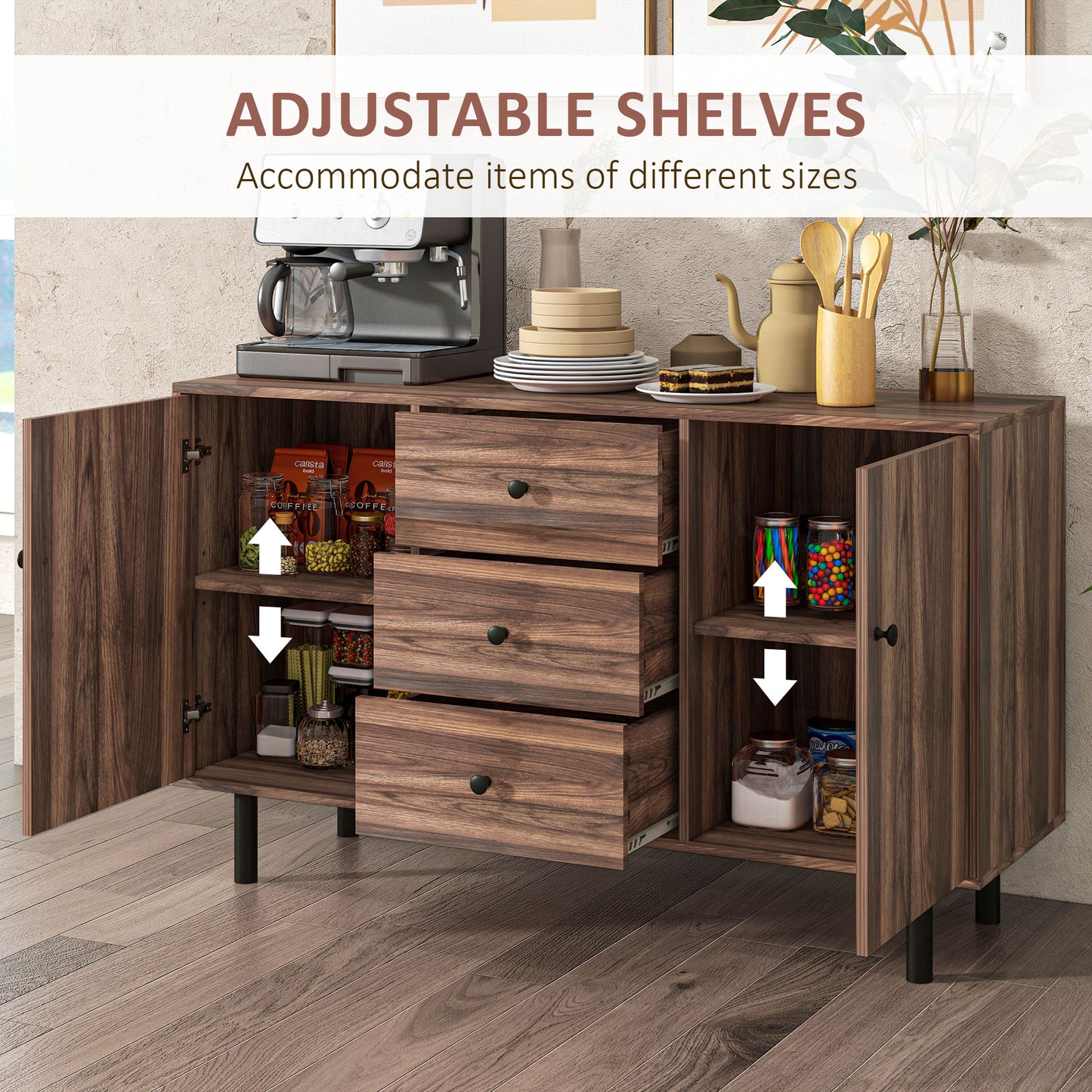 Storage Sideboard with 2 Cupboard, 3 Drawers and Adjustable Shelves in Rustic Brown