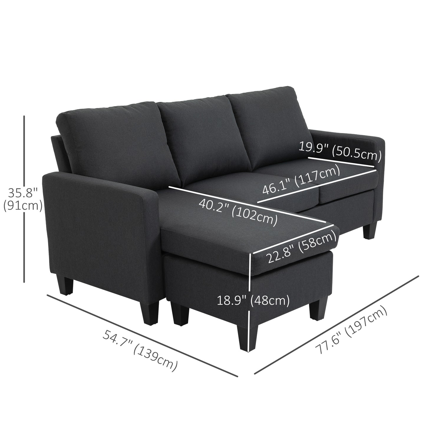 L Shape Sofa, Modern Sectional Couch with Reversible Ottoman, Convertible Corner Sofa for Living Room, Dark Grey