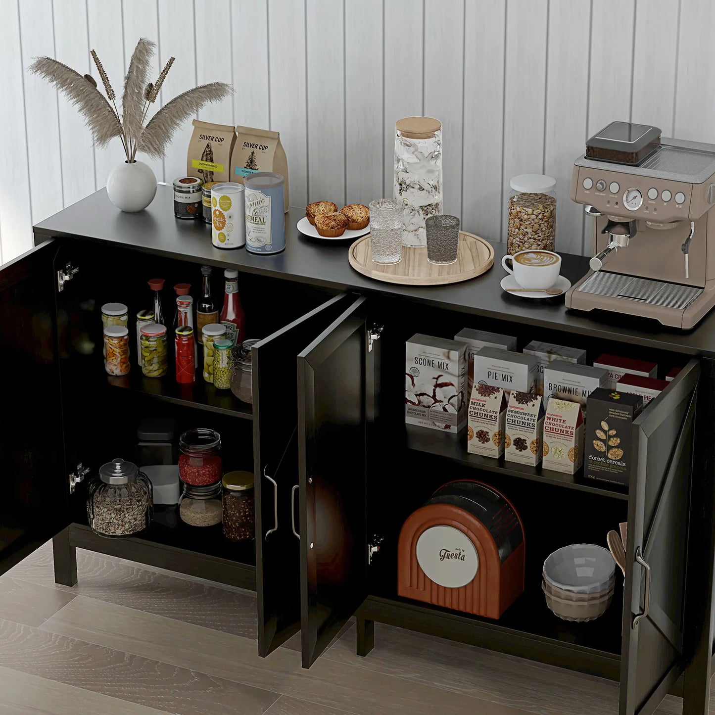 Sideboard Buffet with Barn Door and Adjustable Shelf in Black