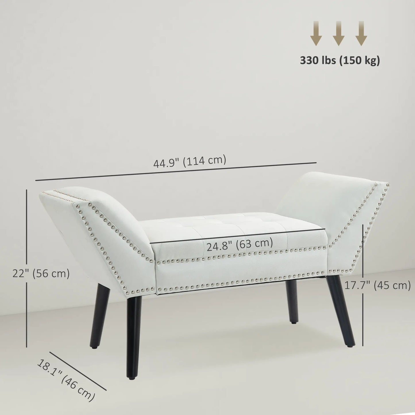 Modern Upholstered Bench with Arms and Nailhead Trim in white