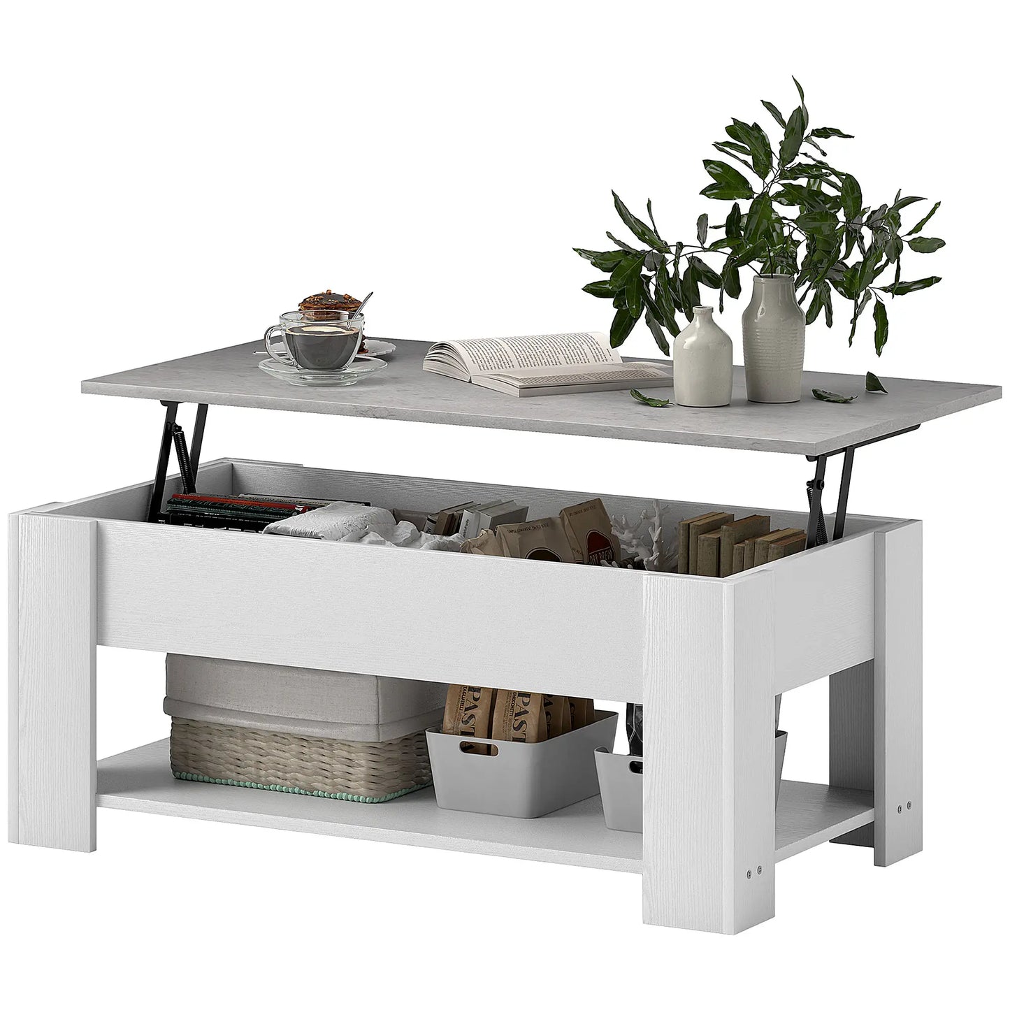 Lift Top Coffee Table with Hidden Storage Compartment and Open Shelf, White