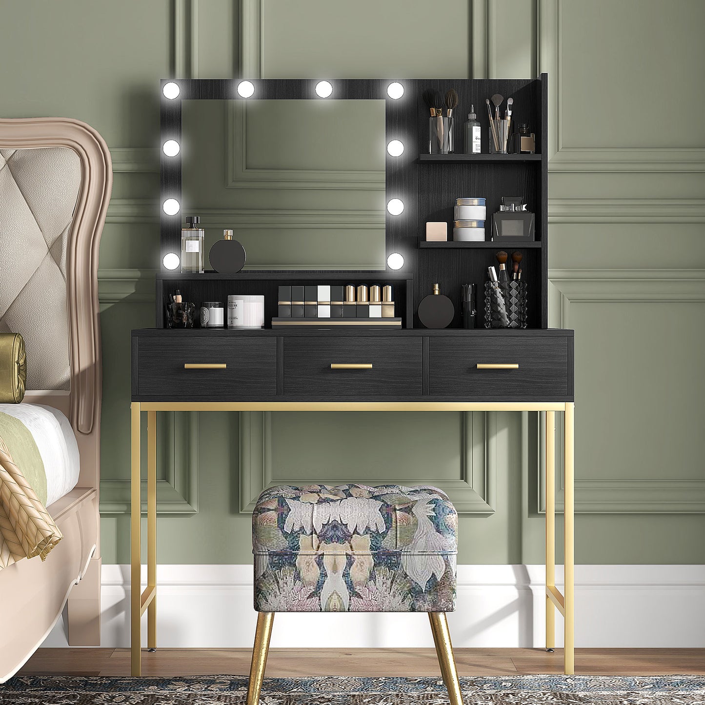 Illuminated Dressing Table, LED Vanity Table with Mirror, 3 Drawers and Storage Shelves for Bedroom, Black