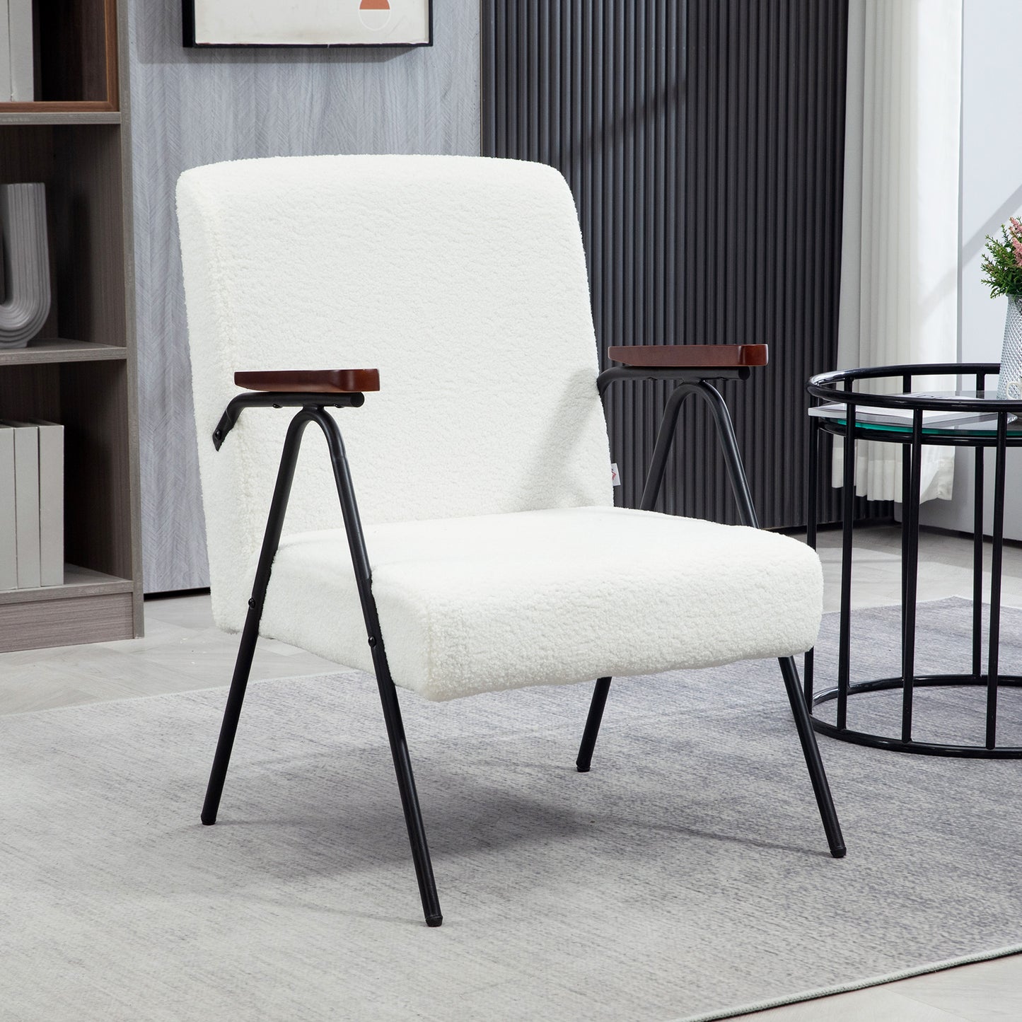 Modern Armchair, Upholstered Corduroy Accent Chair with Wood Arms and Steel Frame in white