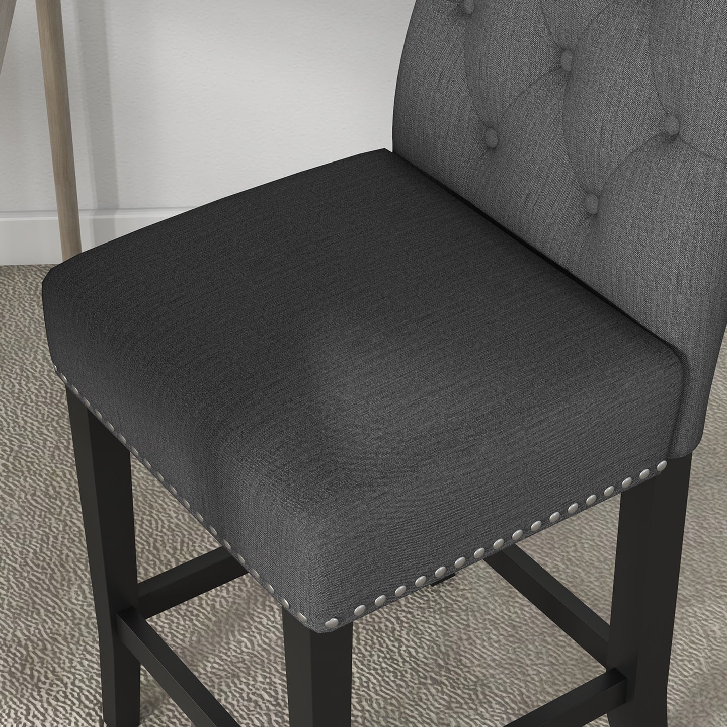 Dark Grey Fabric Bar Stool Set of 2, Seat Height  25.6", with Tufted Back & Wood Legs