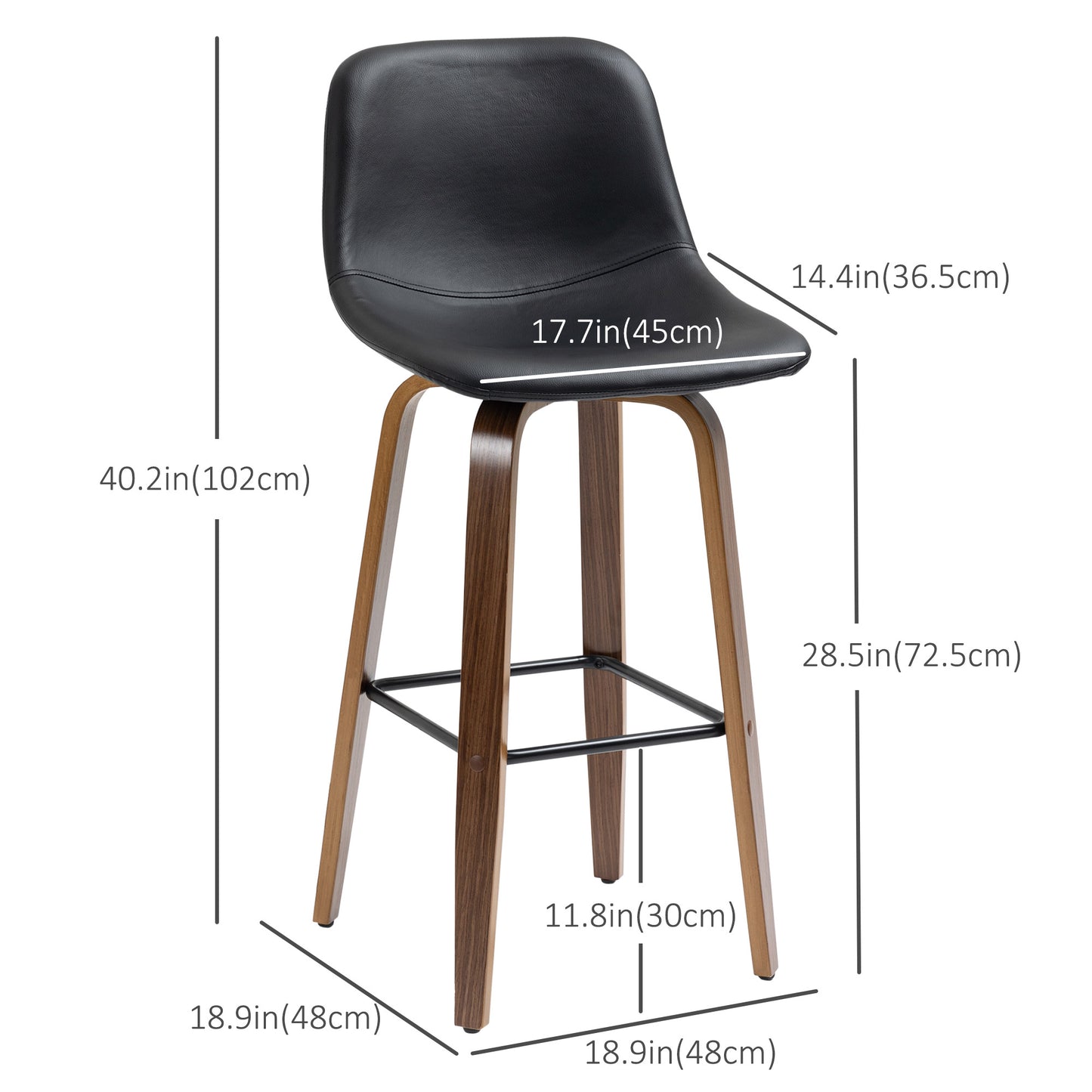 Bar Stools Set of 2, PU Leather Upholstered Bar Chairs with Back and Solid Wood Legs for Kitchen, Dining Room, Black