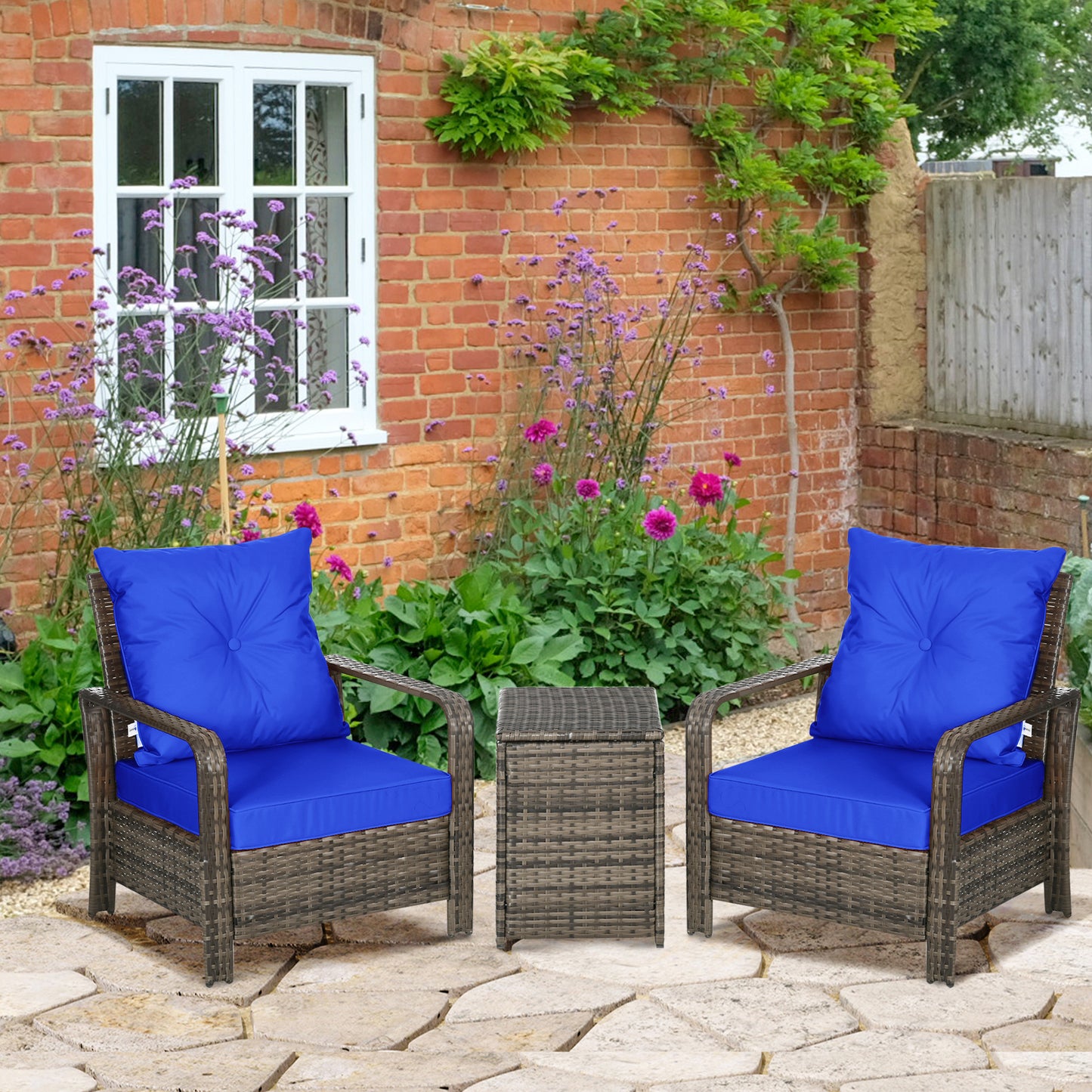 Outsunny 3 Pieces Patio Bistro Set, PE Rattan Garden Sofa Set with 2 Padded Chairs 1 Storage Table, Blue