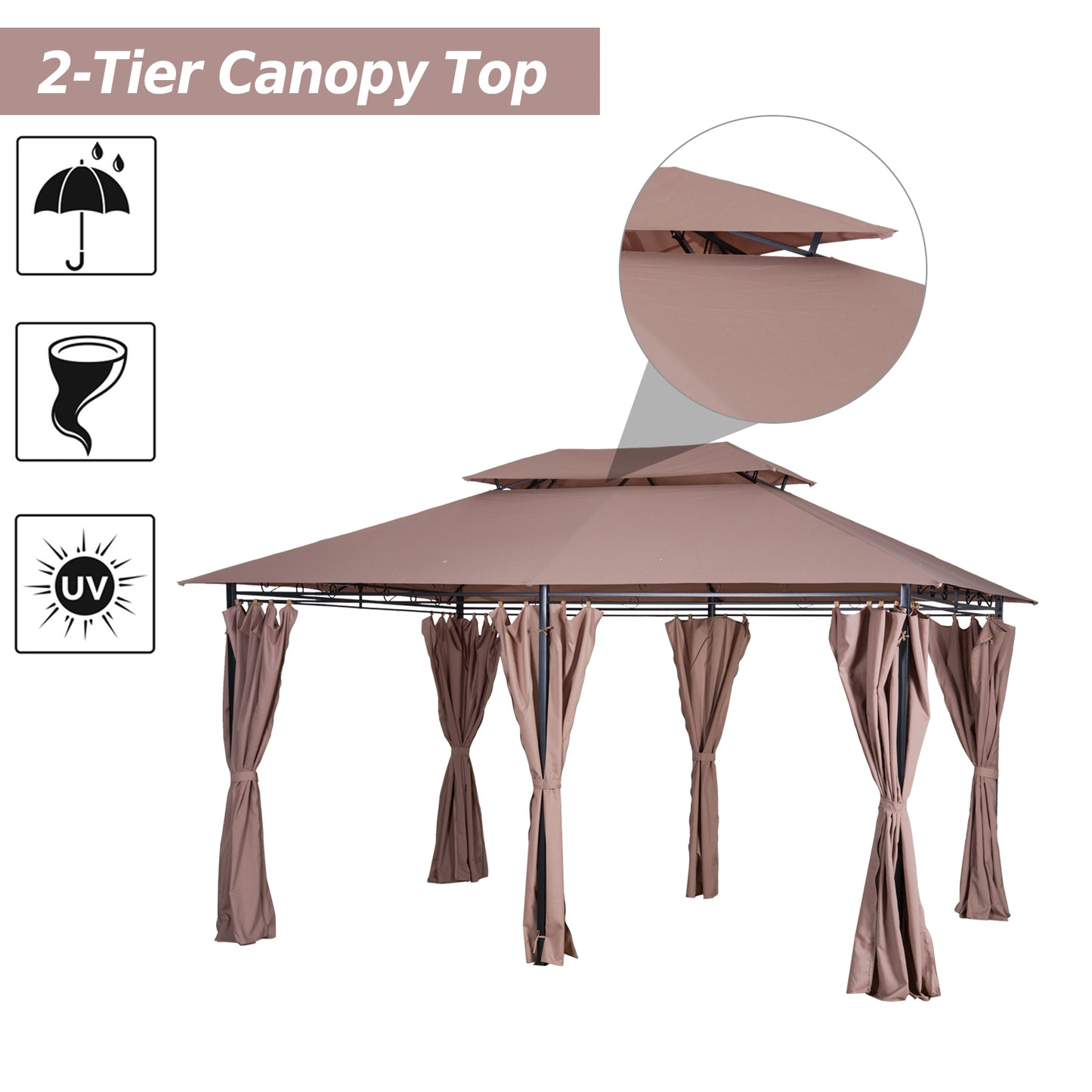 13'L x 10'W x 9.2'H Patio Gazebo Outdoor 2-Tiers Garden Canopy Yard Sunshade Shelter with Curtains Khaki