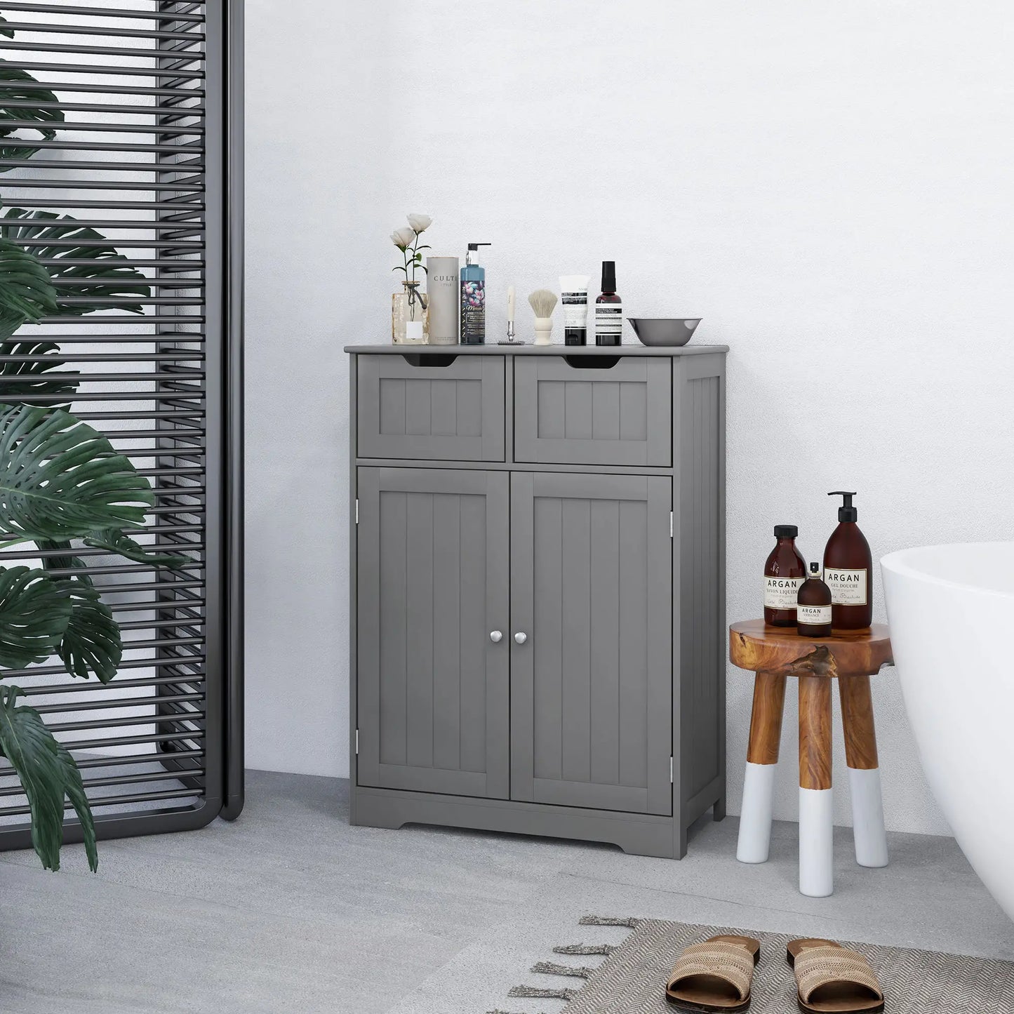 Entryway or  Bathroom Storage Cabinet with 2 Drawers, Adjustable Shelf in Grey