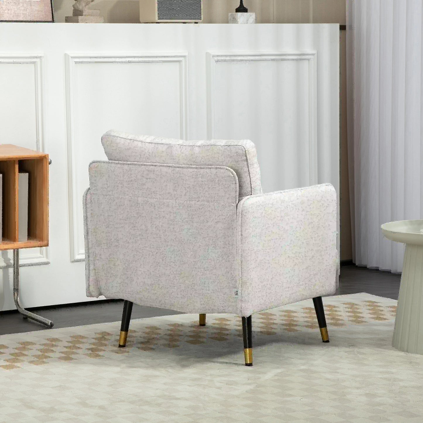 Modern Armchair, Upholstered Accent Chair with Tufted Back Cushion and Steel Legs in Cream White