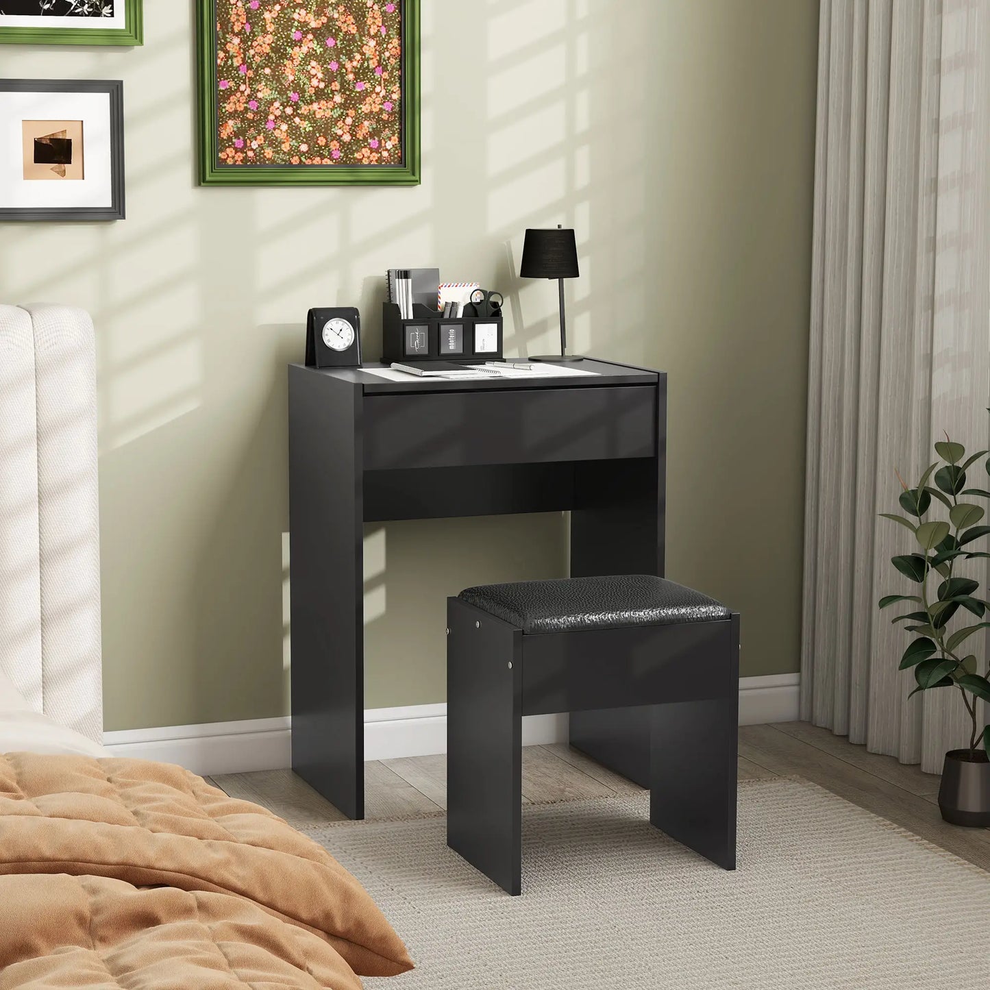 Modern Vanity Set with Makeup Table and Cushioned Stool, with Flip Top and Mirror, in Black