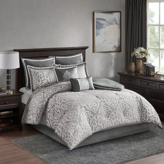 Classic Damask 8-Piece Jacquard Comforter Set, Grey/Silver