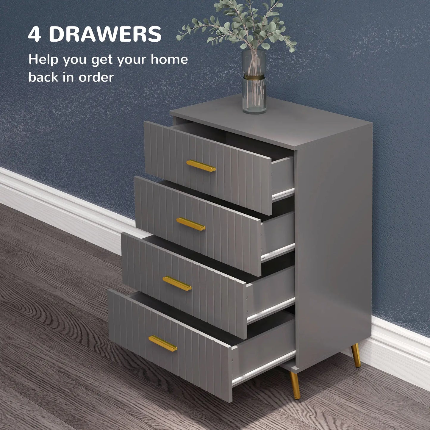 4 Drawer Dresser with Aluminium Legs and Gold Handles, in Dark Grey