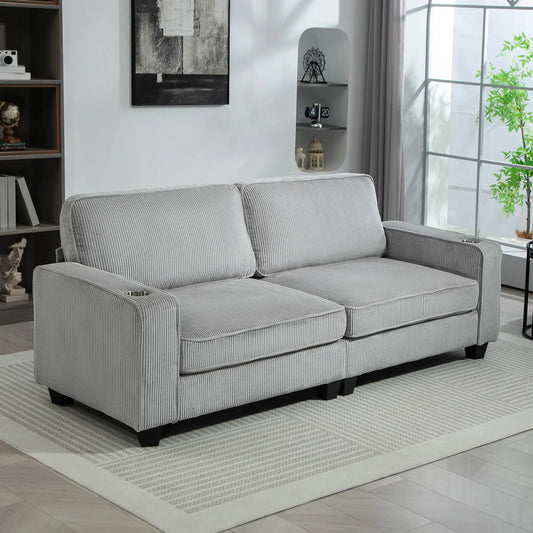 Three Seater Sofa, Fabric with Spring Cushion and Cup Holders Light Grey