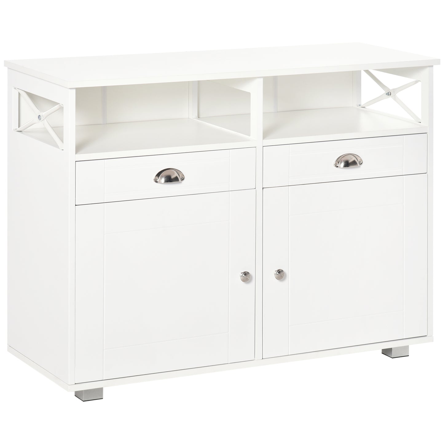 Sideboard Buffet Cabinet, Coffee Bar Cabinet, Kitchen Cabinet with Storage Drawers, Large Tabletop and Crossbar Side Design, White