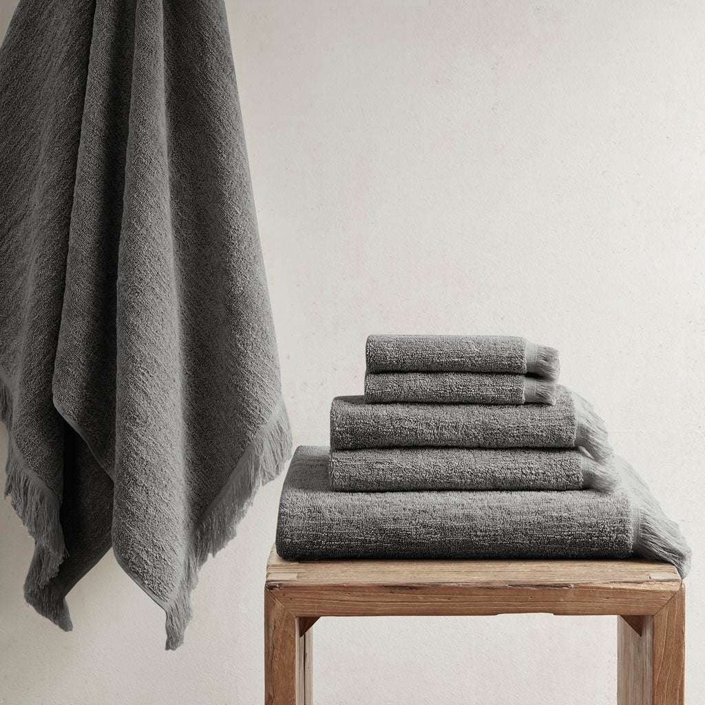 Terry Cotton 630gsm Fringed 6-Piece Towel Set, Dark Gray