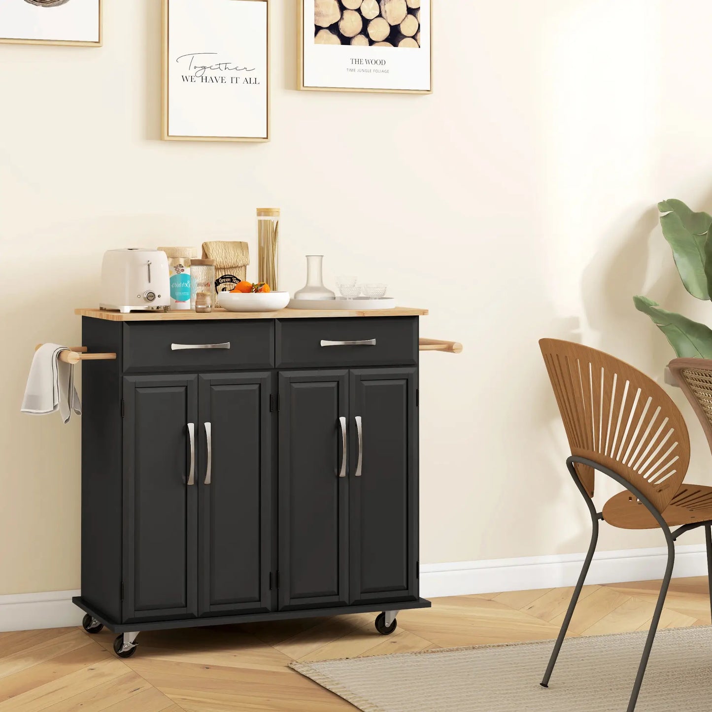 Kitchen Island on Wheels with Rubberwood Top, with 2 Drawers, 4 Doors and Adjustable Shelves