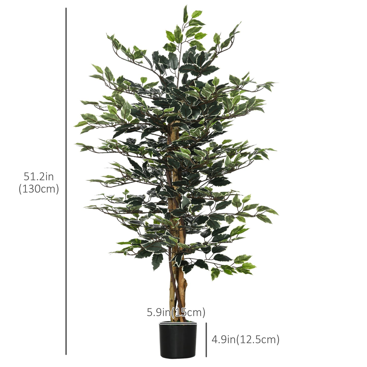 Artificial Tree Ficus Tree Fake Plants in Pot with 702 Variegated Leaves for Indoor Outdoor Decor, 6"x6"x51", Green