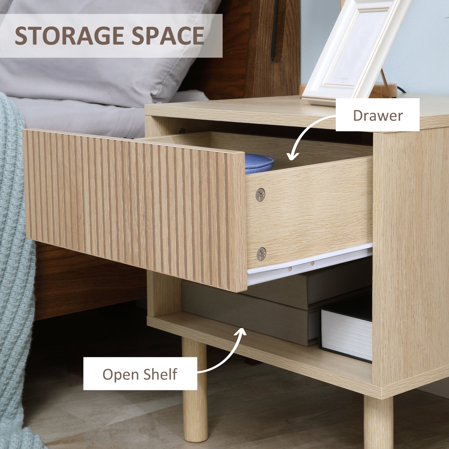 Modern Bedside Table with Drawer and Open Shelf, Sofa Side Table for Bedroom Living Room, Natural