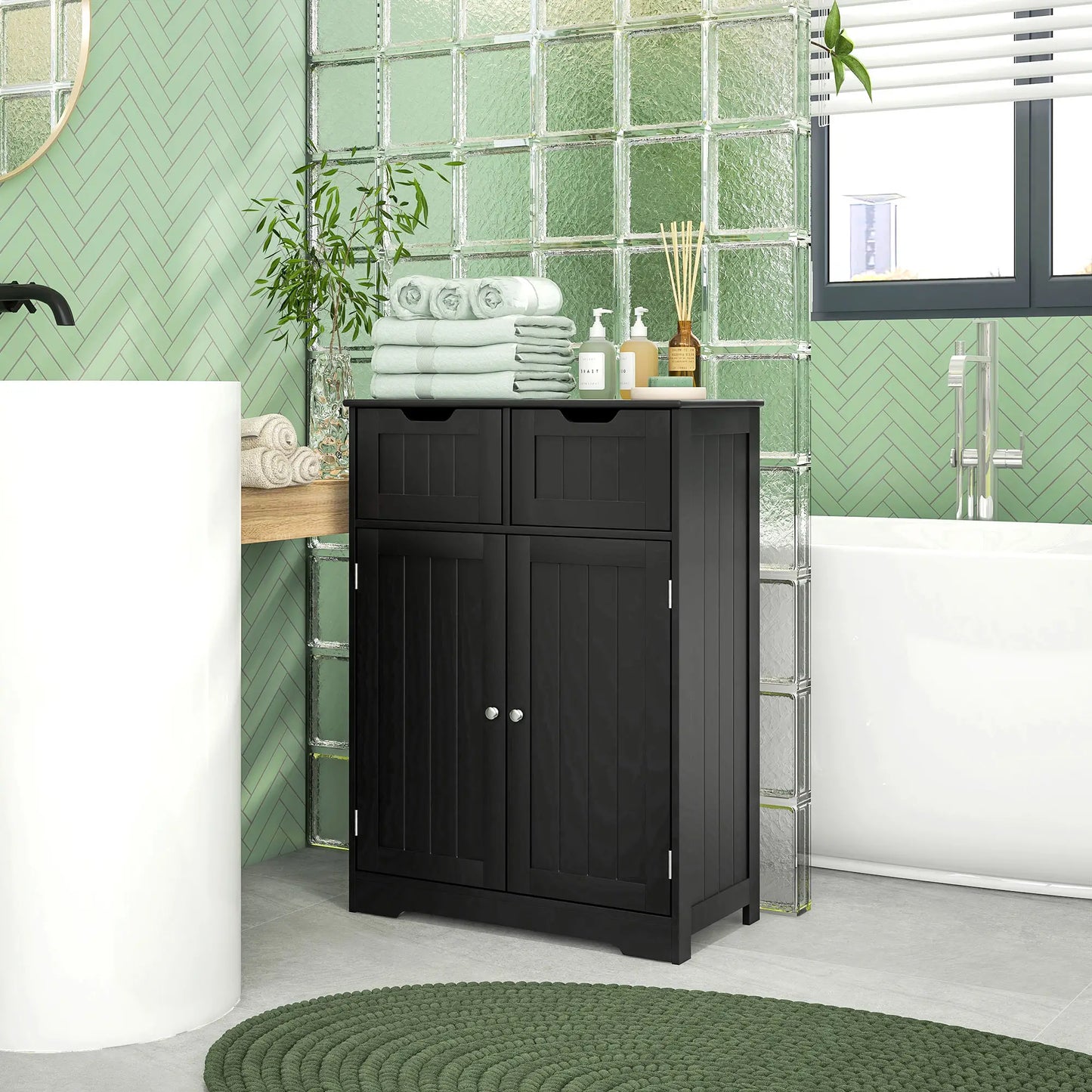 Entryway or  Bathroom Storage Cabinet with 2 Drawers, Adjustable Shelf in Black