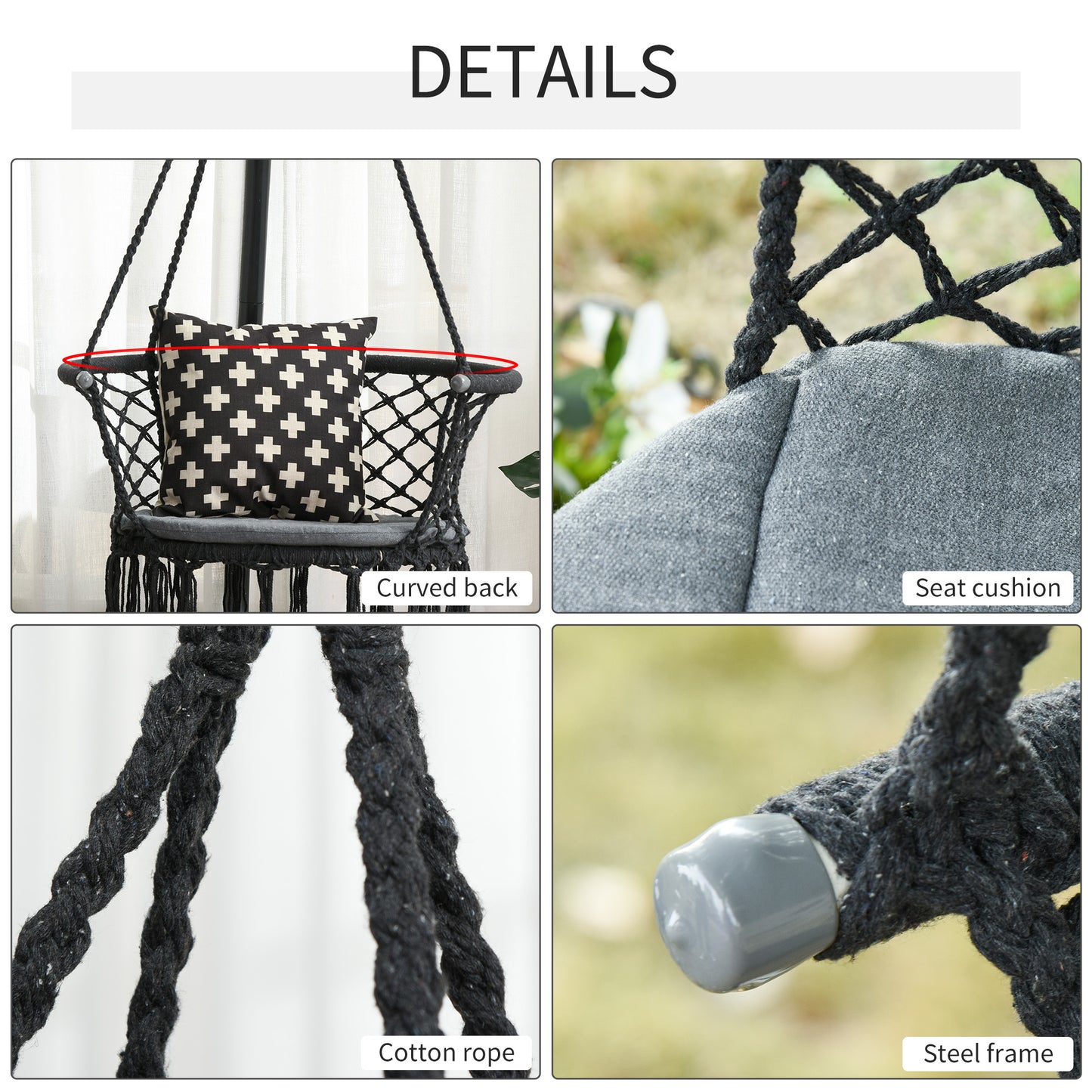 Outsunny Hanging Hammock Chair, Cotton Rope Porch Hammock Swing with Metal Frame and Cushion, Large Macrame Seat for Patio, Garden, Bedroom, Living Room, Dark Grey