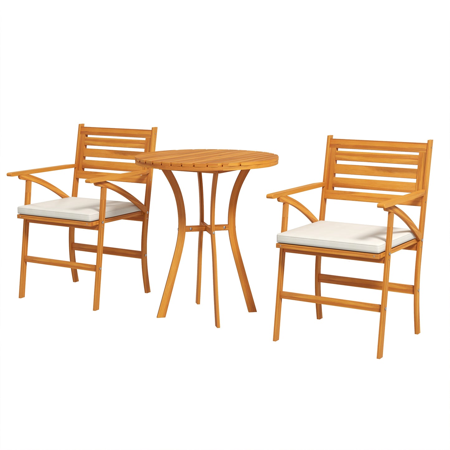 Piece Patio Set, Small Patio Table and Chairs, Wooden Outdoor Bistro Set w/ Cushions, Round Coffee Table, Brown