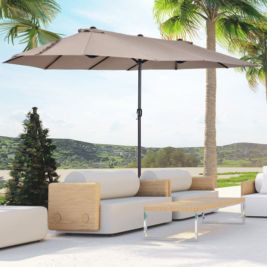 15' Outdoor Patio Umbrella with Twin Canopy Sunshade Steel Table Umbrella with Lift Crank Tan