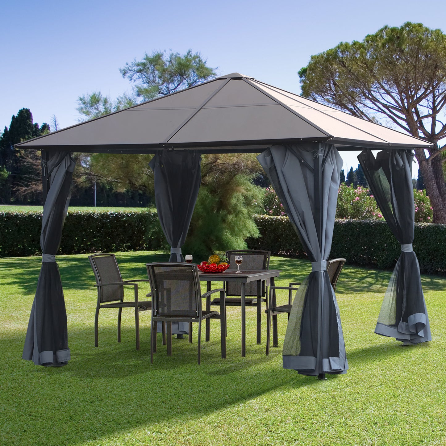 Outsunny 9.8' x 9.8' Garden Aluminium Gazebo Hardtop Roof Canopy Marquee with Mesh Curtains & Side Walls, Grey