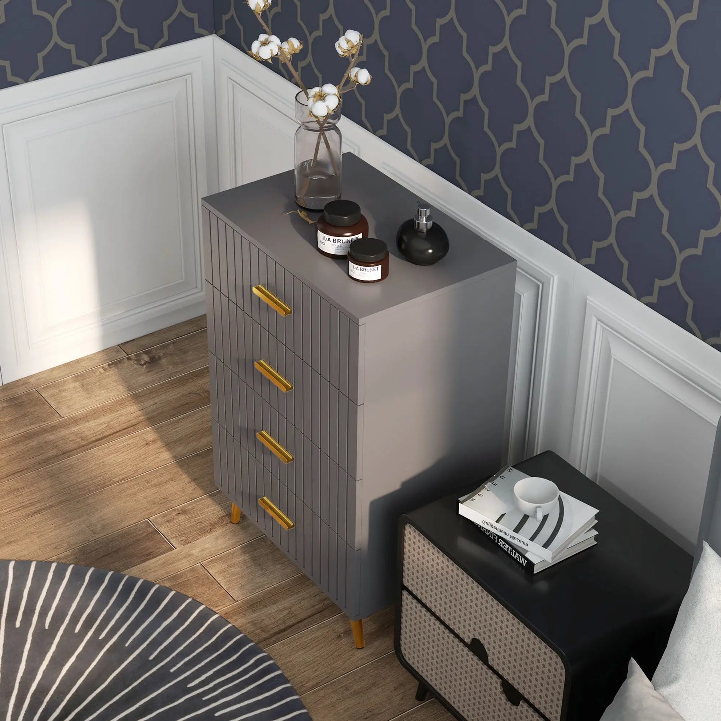 4 Drawer Dresser with Aluminium Legs and Gold Handles, in Dark Grey