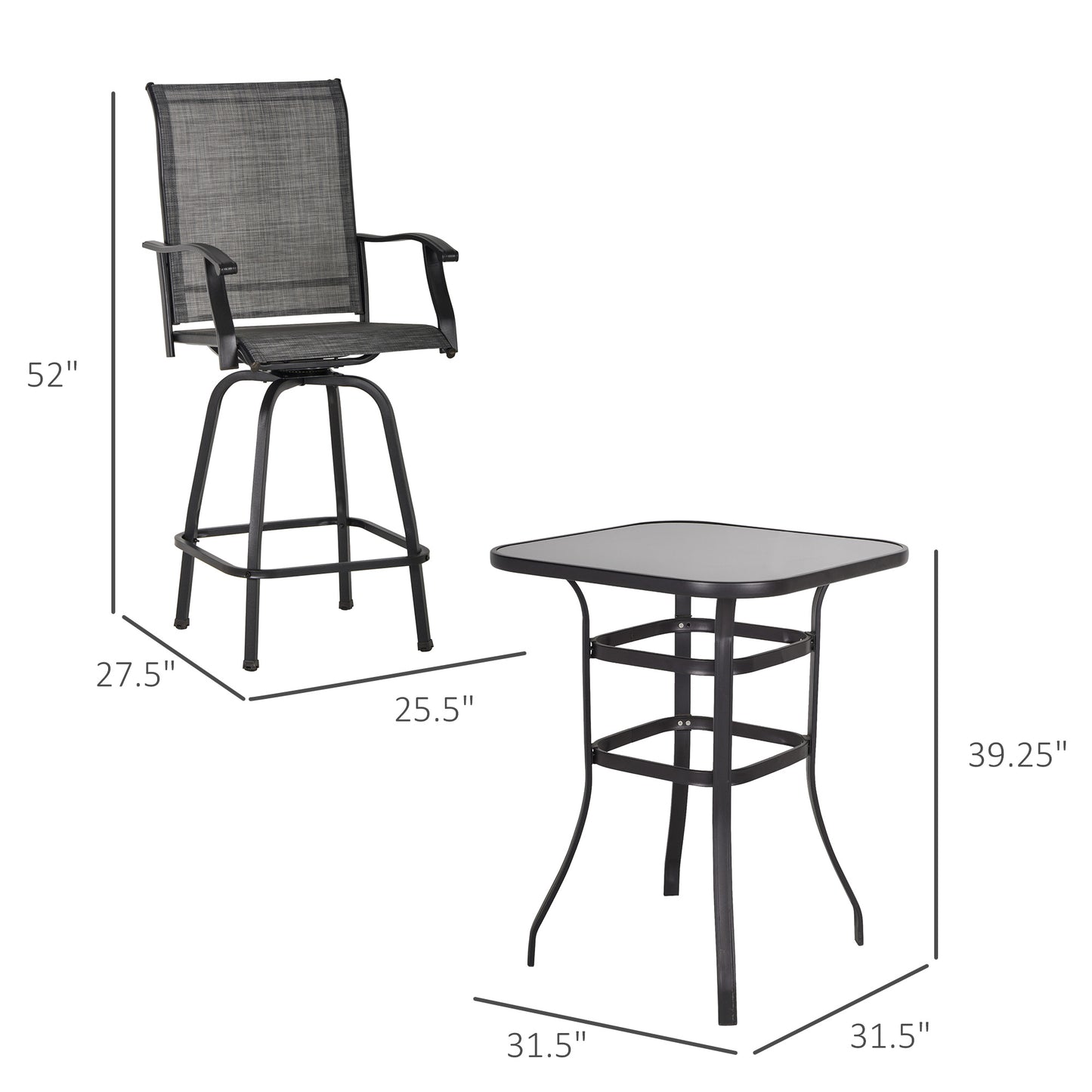 3 Piece Outdoor Patio Bar Set, 2 Swivel Stool and 1 Bar Table, All-Weather, Metal Frame for Balcony, Backyard, Deck, Grey