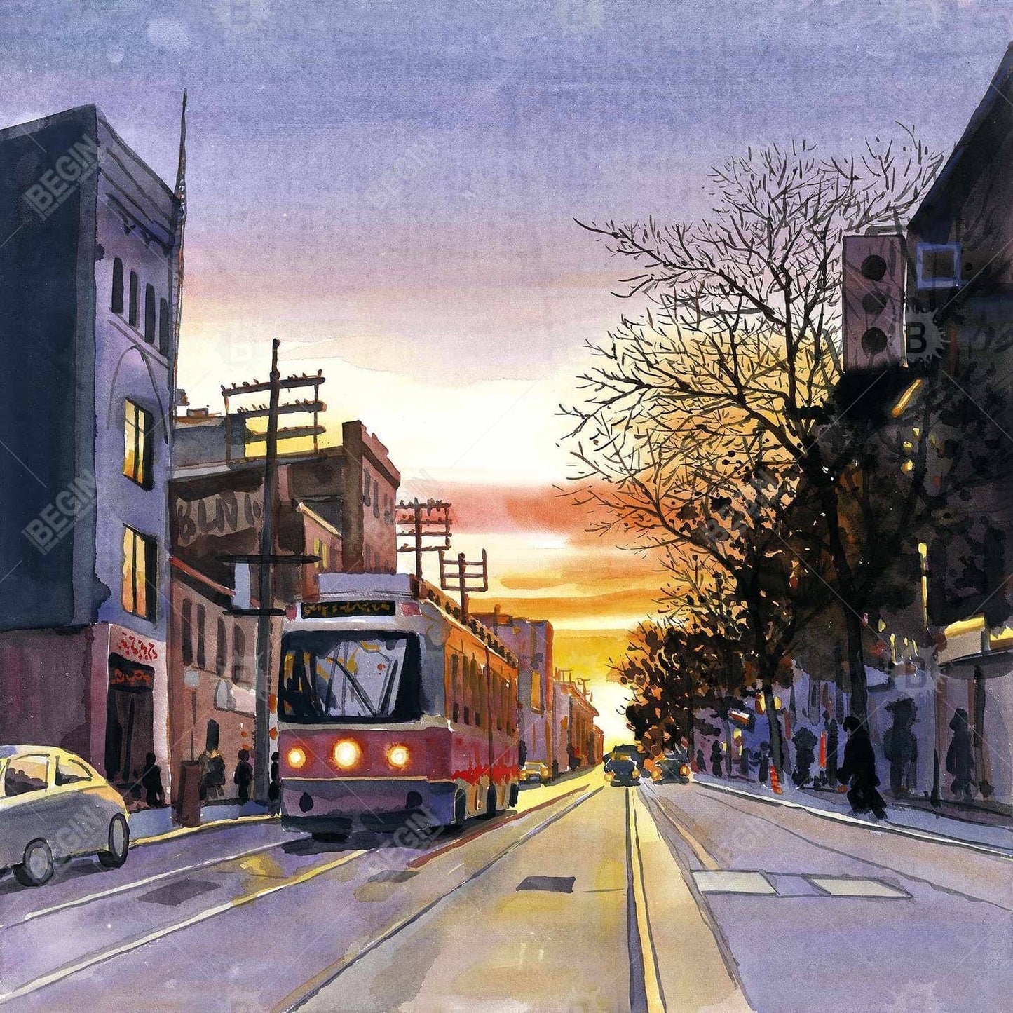 Sunset Streetscape To | Framed Print On Canvas 24" X 24"