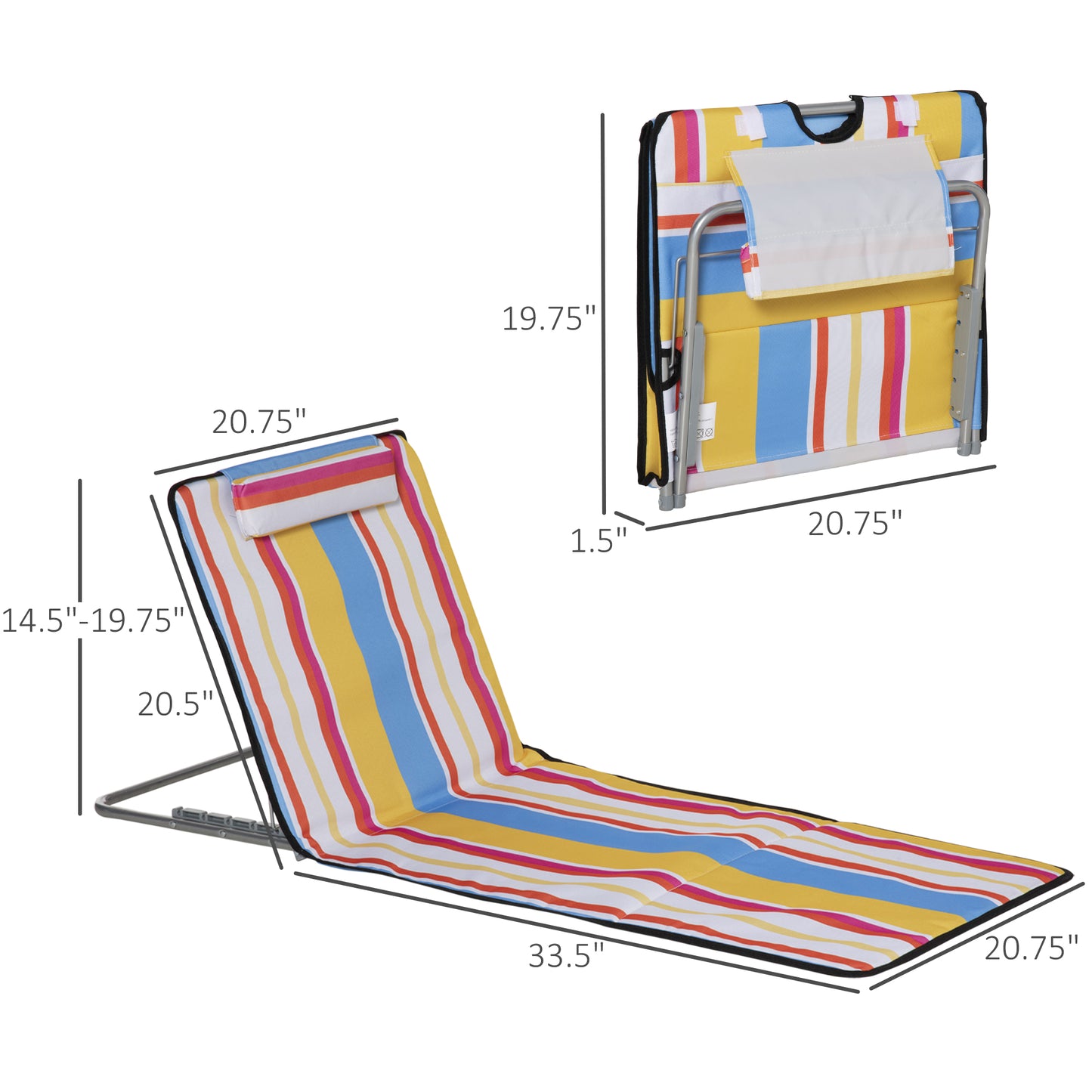 Set of 2 Beach Lounge Chair Sun Lounger Beach Mat, Padded Folding Ground Mat Lounge Chair w/Adjustable Back, Steel Frame, Head Pillow and Carry Bag for Backyard Lakeside, Colorful Stripes