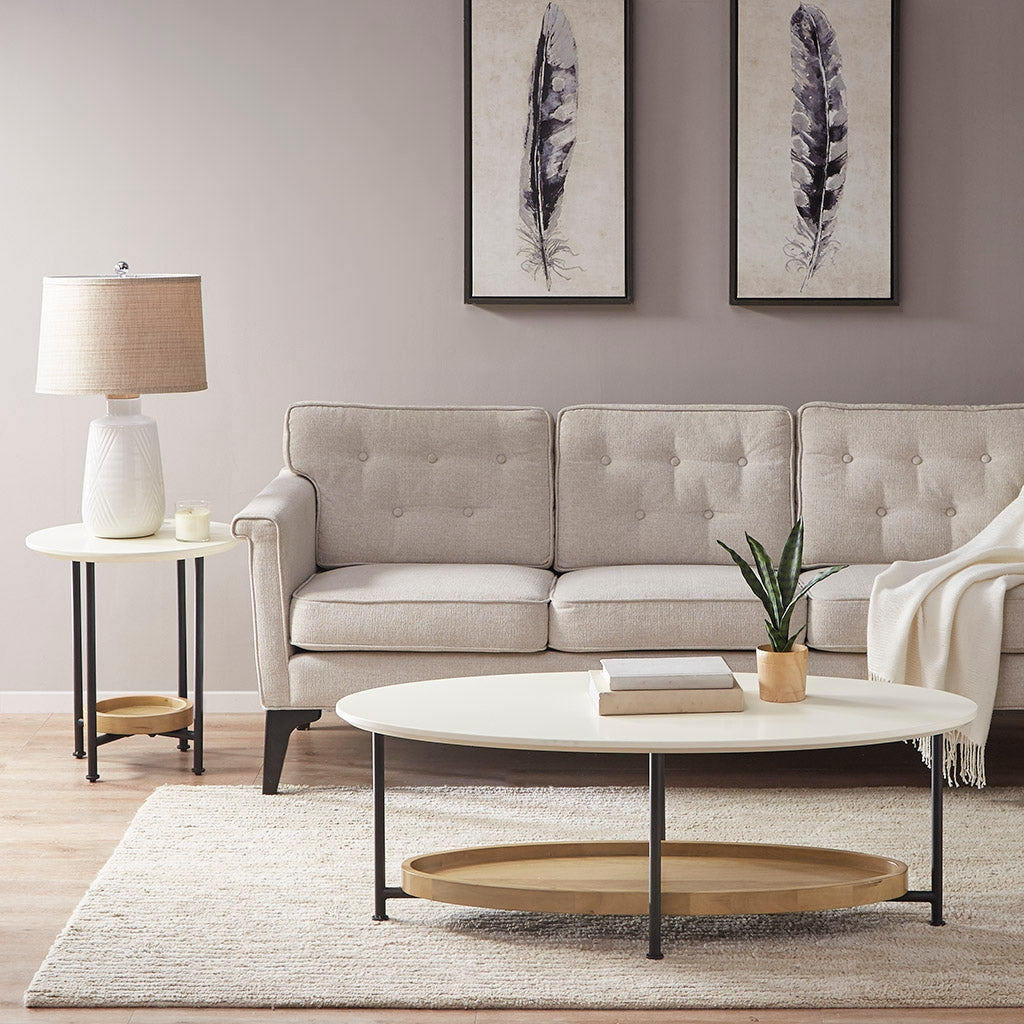 White Oval Coffee Table with Wood Base Shelf