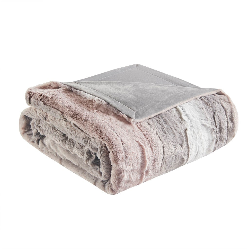 Oversized 60x70" Faux Fur Throw Blanket, Ombre Blush/Grey