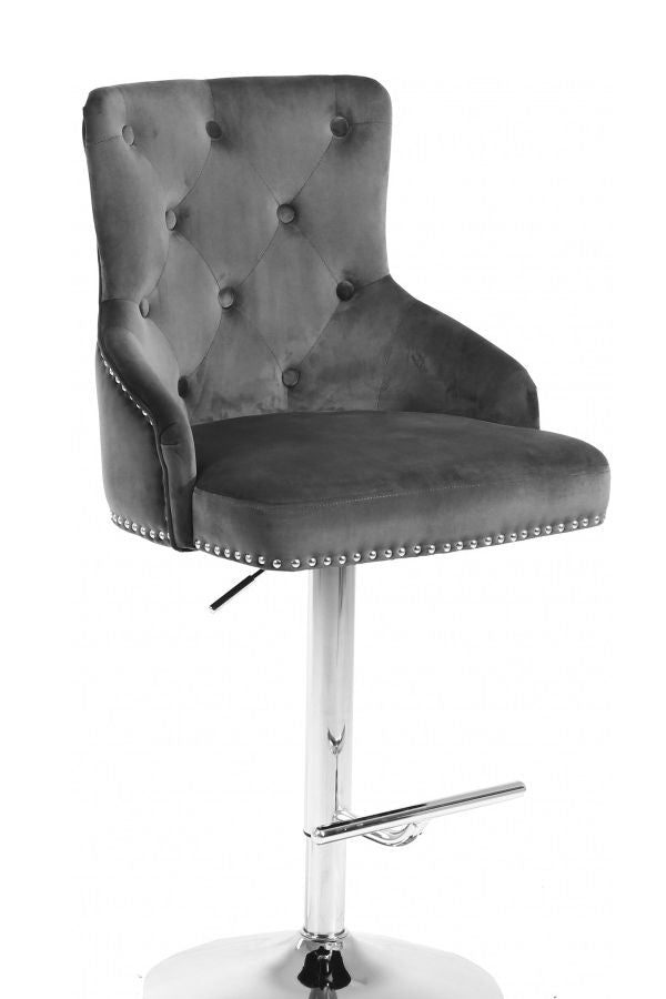 Grey Velvet Bar Stool with Deep Tufting, Polished Chrome Base, Nail Head Details. Adjustable Height from 42"-50" (1 PC)