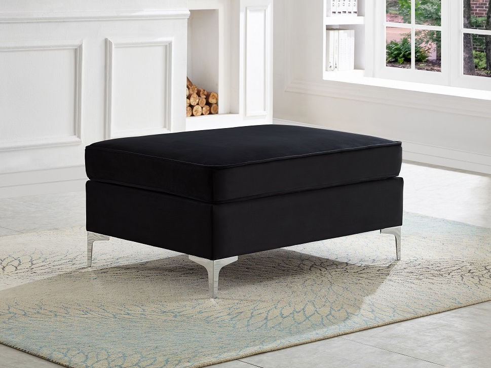 3 PC Sofa Set, Black Velvet With Deep Tufting and Nailhead Details, Chrome Legs and Accent Pillows. (Ottoman Extra)