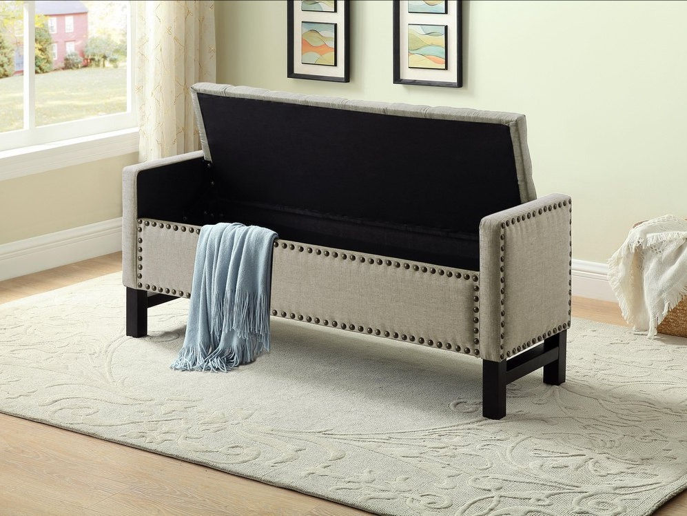 Beige Fabric Studded Storage Bench