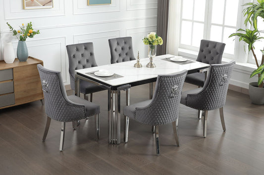 Lux Ceramic Table Top 7 PC Dining Set in Grey Chrome