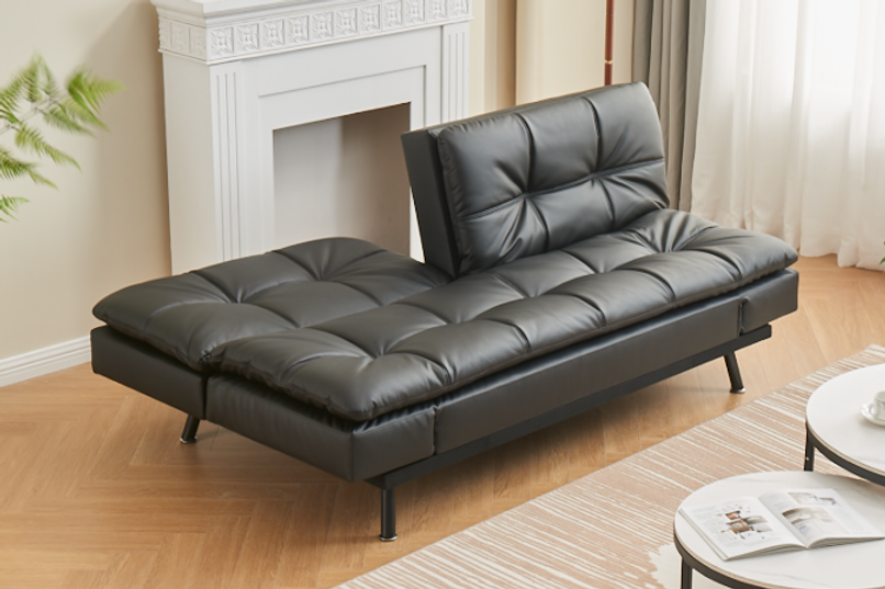 Split Back and Seat Design Sofa Bed, Adjustable Armrest Positions with Memory Foam Cushion in Black PU