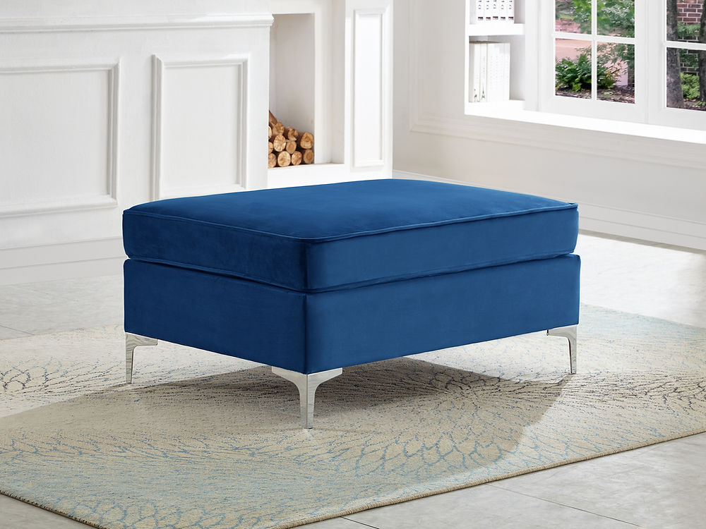 3 PC Sofa Set, Blue Velvet With Deep Tufting and Nailhead Details, Chrome Legs and Accent Pillows. (Ottoman Extra)