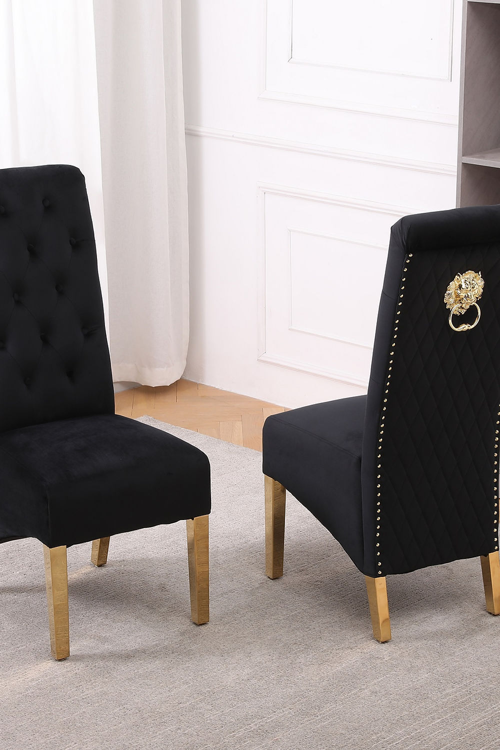 Black Velvet Dining Chair with Diamond Pattern Stitching, Polished Gold Legs (SET OF 2)