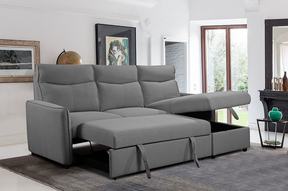 Reversible Left or Right Hand Chaise, Large Lift-Up Storage Compartment, Opens to a Bed, 
Soft Grey Fabric