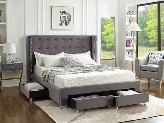 Grey Velvet Fabric Wing Bed with Nailhead Details and Chrome Legs. Four Pull-Out Storage Drawers