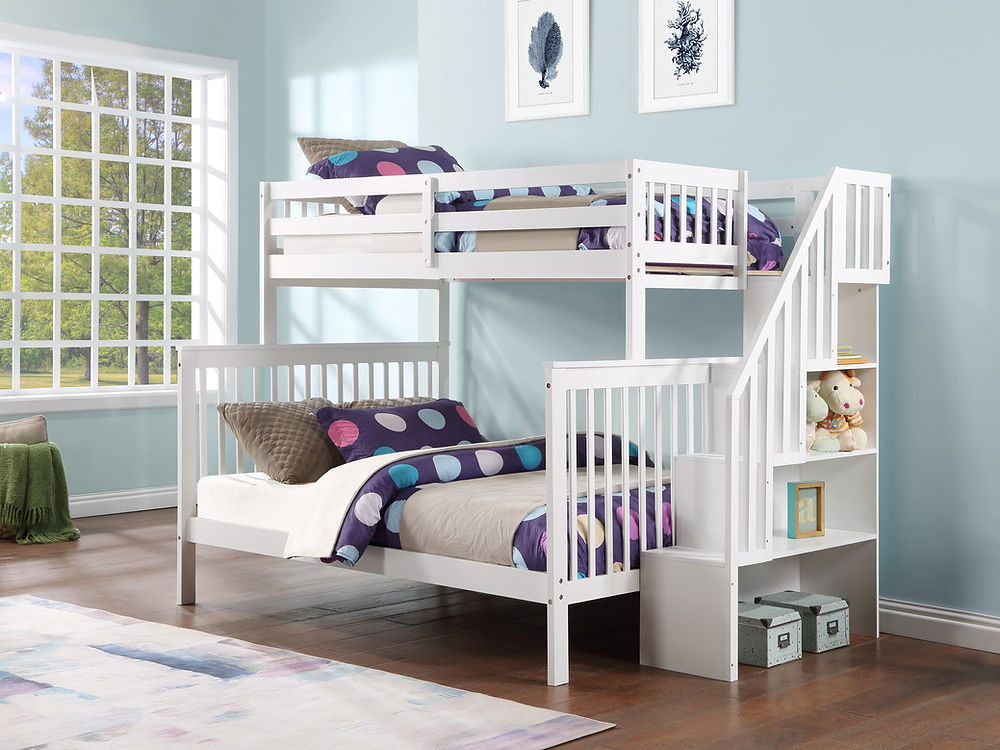 Twin/Full Bunk Bed, Stairs, Storage Book Shelf, with Optional  (Set of 2 Storage Drawers) or (Single Size Pull-Out Trundle) in White