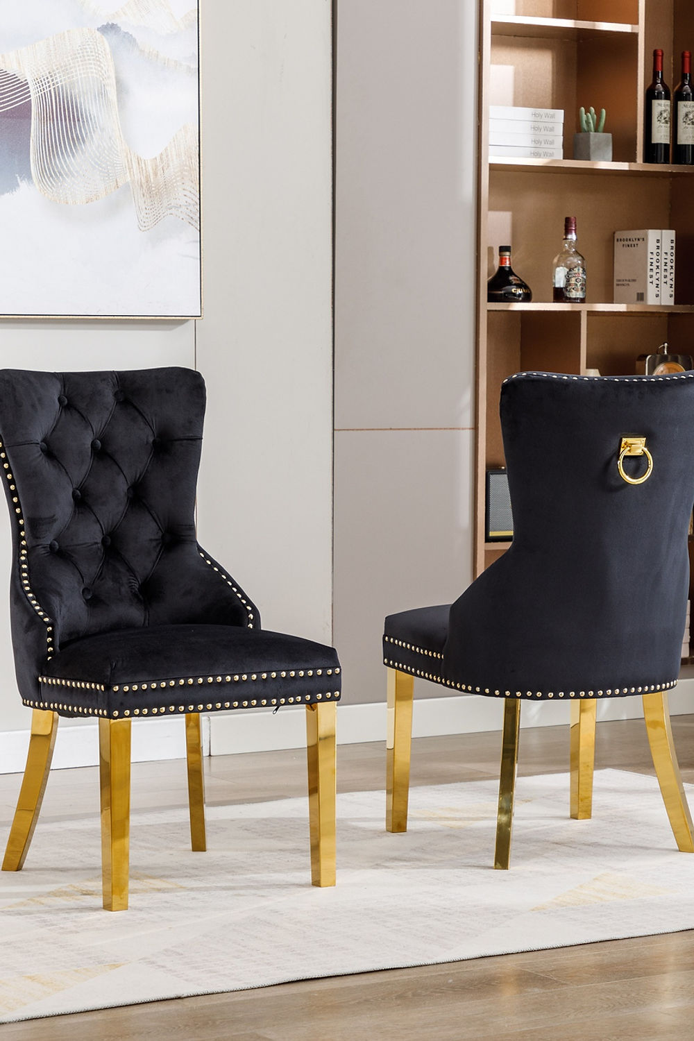 Black Velvet Tuffed Dining Accent Chair, with Gold leg. SET OF 2