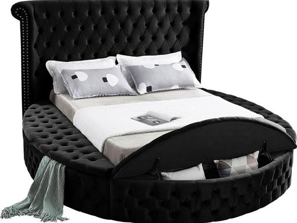 Black Velvet Fabric Bed with Deep Button Tufting and 3 Storage Benches (IN 2 SIZES)