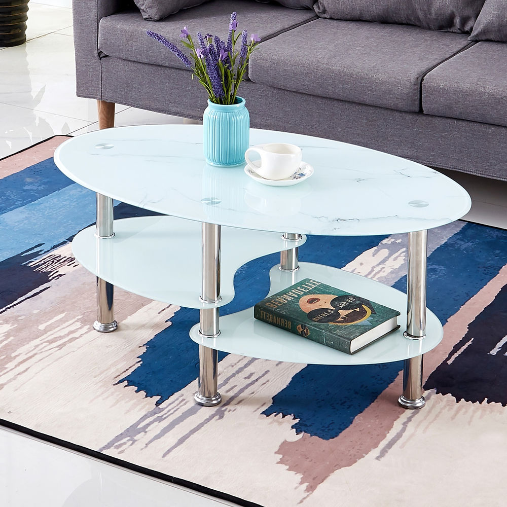 White Marble Glass Coffee Table with Chrome Legs