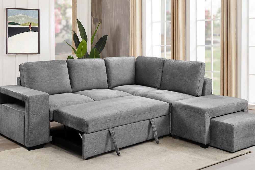 RHF Sofa Bed Sectional,Right Hand Facing Chaise,
Large Lift-Up Storage Compartment, Opens to a Bed
Floating Ottoman and Pull-Out Stool, Side Opens Up for More Storage, Soft Grey Fabric