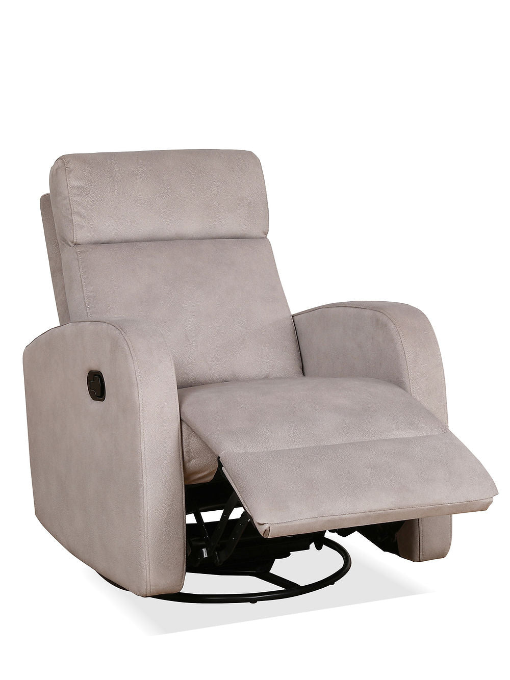 Recliner Chair with Pull Handle
Features Soft Charcoal Fabric 
Swivel Glider Mechanism
Zero Wallhugger. Soft Latte